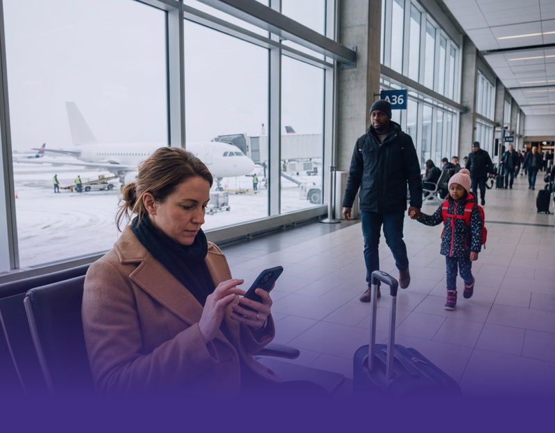 Traveller checking her phone at a departure gate at Montréal-Trudeau airport in winter