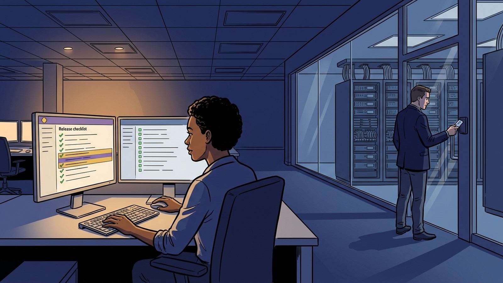 Platform engineer approving a release checklist at her desk while a colleague badges into a secure server room on a bank operations floor