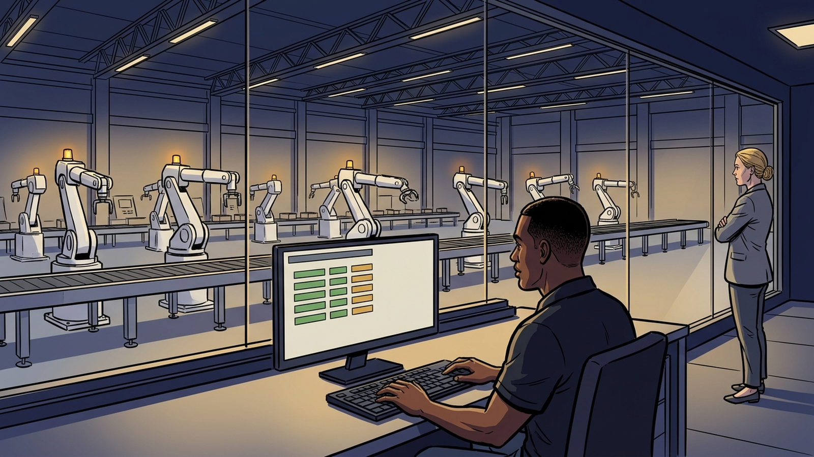 Illustration of an operator at a workstation overseeing a line of robotic arms behind glass, while a colleague watches from the side