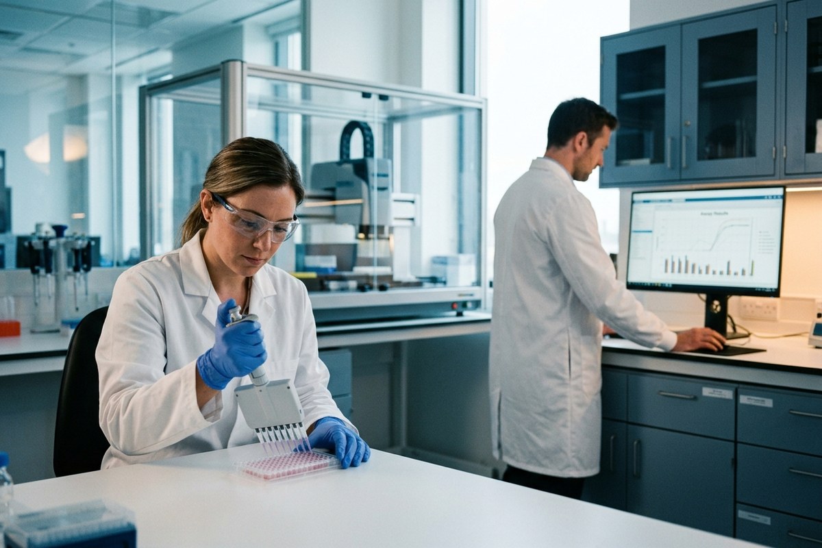 Scientist pipetting samples into a well plate in a biotech lab while a colleague reviews assay results on a monitor
