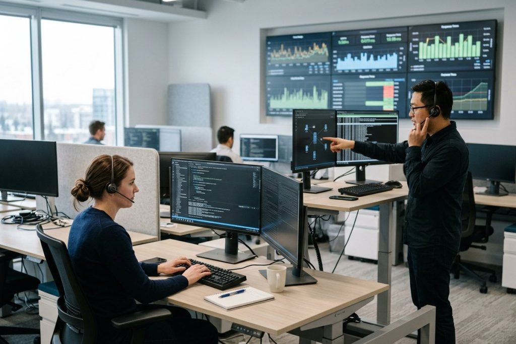 Platform engineer typing at her desk while a colleague on a headset points to a service map on his monitor, with live website uptime and response-time dashboards on the wall behind them