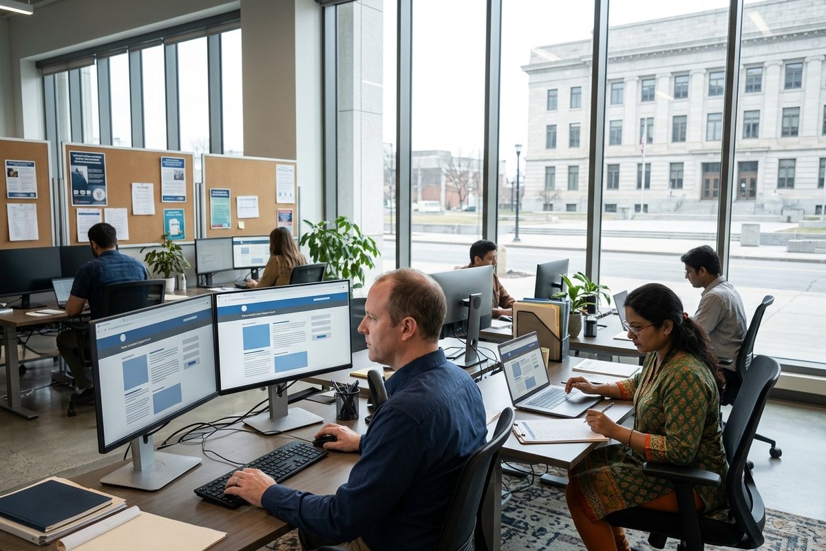 County government digital services team editing a department web page, with city hall across the plaza