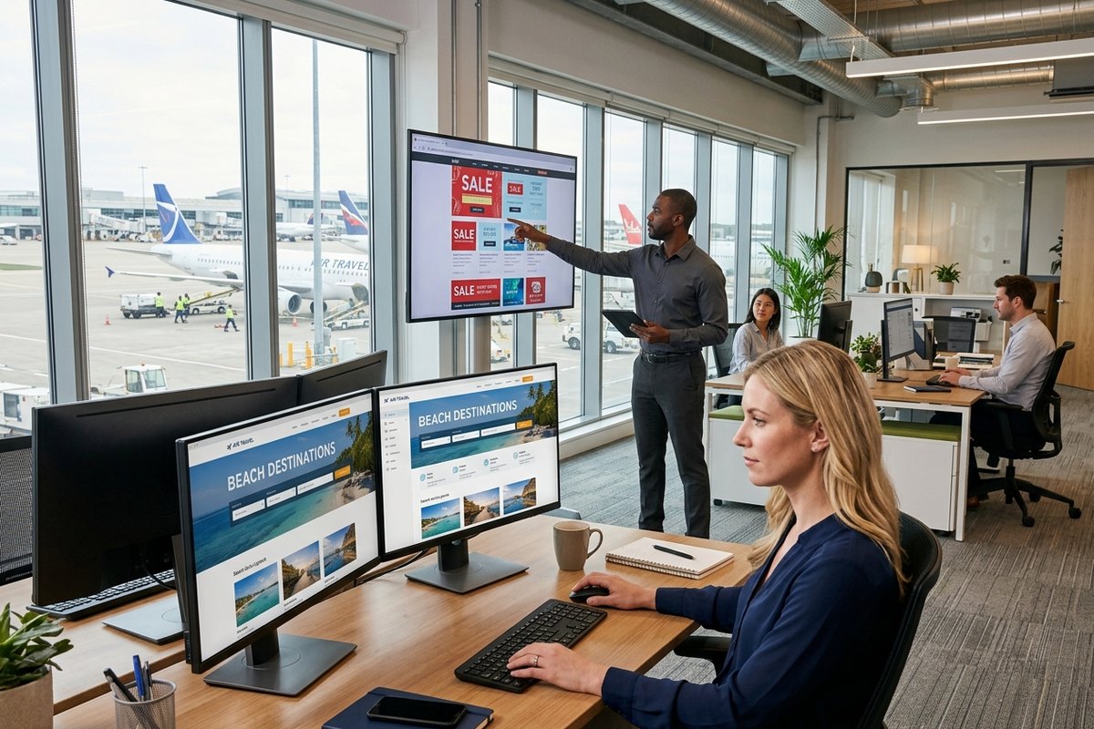 Travel company marketing team editing a destination homepage, with jets parked on the airport apron outside the window